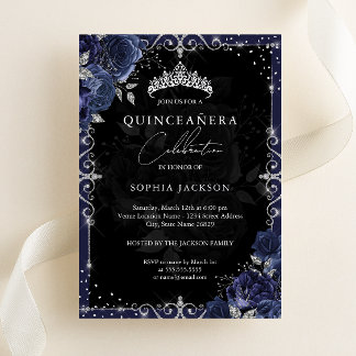 Elegant Silver Navy Rose Quinceanera Folieneinladung
