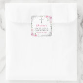 Elegant Silver Pink Floral First Holy Communion Quadratischer Aufkleber (Tasche)