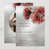 Elegant Silver Red Flowers | Photo Wedding Einladung (Vorne/Hinten)