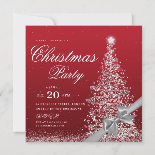 Elegant Silver Red Winter Christmas Tree Bow Einladung (Vorderseite)