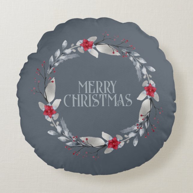 Elegant Silver Red Wreath Festival Rundes Kissen (Vorderseite)