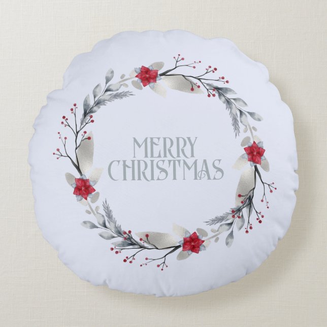 Elegant Silver Red Wreath Festival Rundes Kissen (Vorderseite)