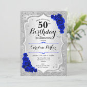 Elegant Silver Royal Blue Foto 50. Geburtstag Einladung (Stehend Vorderseite)