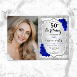 Elegant Silver Royal Blue Foto 50. Geburtstag Einladung<br><div class="desc">Elegante florale feminine 50. Geburtstagseinladung mit Ihrem Foto. Glam-Design mit Imitaten Glitzer Silber. Features Streifen,  königsblaue Rose,  Skript-Schriftart und Konfetti. Ideal für ein stilvolles Party für Erwachsene. Personalisieren Sie Ihre persönlichen Daten. Kann für jedes Alter angepasst werden! Gedruckte Zazzle Einladungen oder Sofortdownload digitalen druckbaren Vorlage.</div>