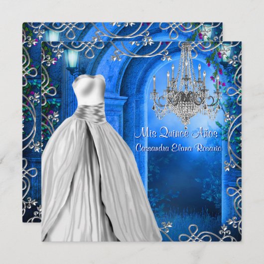 Elegant Silver Royal Navy Blue Quinceanera Einladung (Vorne/Hinten)