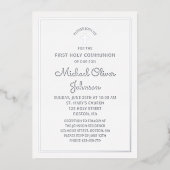 Elegant Silver Script First Communion Folieneinladung (Vorderseite)