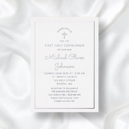Elegant Silver Script First Communion Folieneinladung