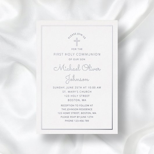 Elegant Silver Script First Communion Folieneinladung