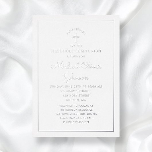 Elegant Silver Script First Communion Folieneinladung