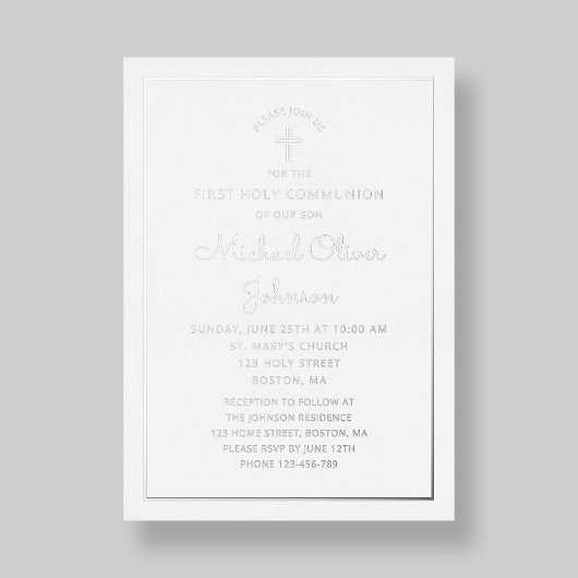 Elegant Silver Script First Communion Folieneinladung