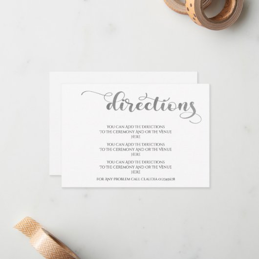 Elegant Silver Simple Wedding Directions Mitteilungskarte (Vorderseite/Rückseite Beispiel)