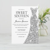 Elegant Silver Sparkle Dress Sweet 16 Einladung (Stehend Vorderseite)
