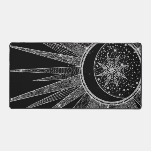 Elegant Silver Sun Moon Mandala Black Design Schreibtischunterlage (Vorderseite)