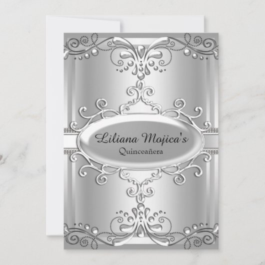 Elegant Silver Swirl Quinceanera Einladung (Vorderseite)