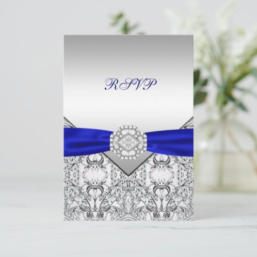 Elegant Silver und Royal Blue Wedding RSVP (Stehend Vorderseite)