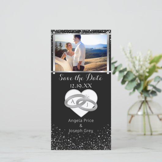 Elegant Silver Wedding Rings | Save the Date Herz (Stehend Vorderseite)