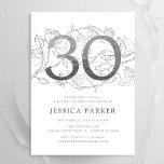 Elegant Silver White 30. Geburtstag Einladung<br><div class="desc">Elegant silberweiß 30. Geburtstag Party Einladung. Individuell anpassbares modernes feminines Design mit Rose botanischen Akzenten und Imitaten Glitzer Silber. Einfache florale Einladungskarte perfekt für eine stilvolle Damenfeier. Personalisieren Sie Ihre persönlichen Daten. Gedruckte Zazzle Einladungen oder Sofortdownload digitalen druckbaren Vorlage.</div>