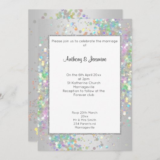 ELEGANT SILVER WHITE HOLOGRAPHIC PASTEL WEDING EINLADUNG (Vorne/Hinten)