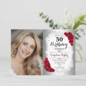 Elegant Silver White Rote Rosen Foto 50. Geburtsta Einladung (Stehend Vorderseite)