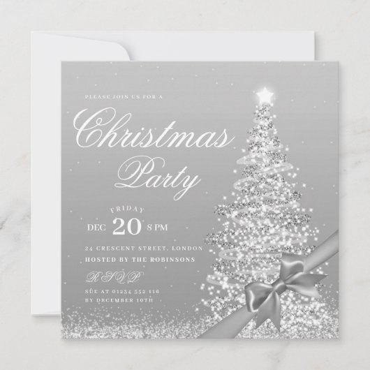 Elegant Silver Winter Christmas Tree Bow Einladung (Vorderseite)