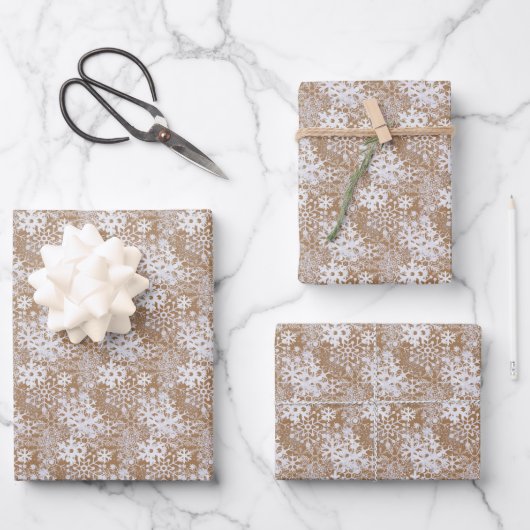 Elegant Silvery White Snowflakes Kraft Brown Geschenkpapier Set (Vorderseite)