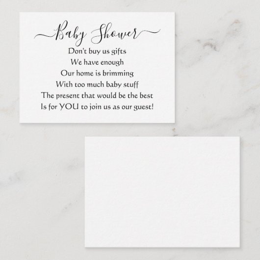 Elegant Simple Baby Shower No Gifts Gedicht Begleitkarte (Vorne/Hinten)