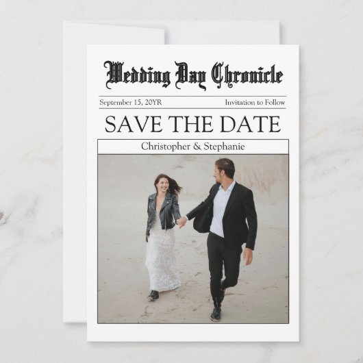 Elegant Simple Black Calligraphy QR Code Newspaper Save The Date (Vorderseite)