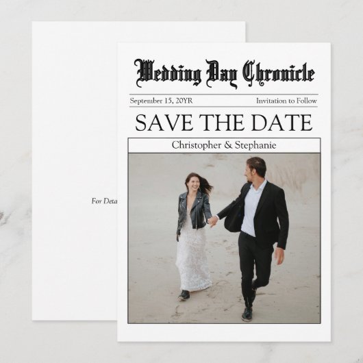 Elegant Simple Black Calligraphy QR Code Newspaper Save The Date (Vorne/Hinten)