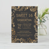 Elegant Simple Black Gold Floral Sweet 16 Einladung (Stehend Vorderseite)