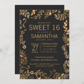 Elegant Simple Black Gold Floral Sweet 16 Einladung (Vorne/Hinten)