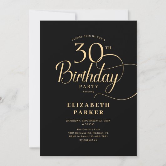 Elegant Simple Black Gold Script 30. Geburtstag Einladung (Vorderseite)