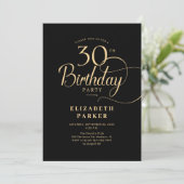 Elegant Simple Black Gold Script 30. Geburtstag Einladung (Stehend Vorderseite)