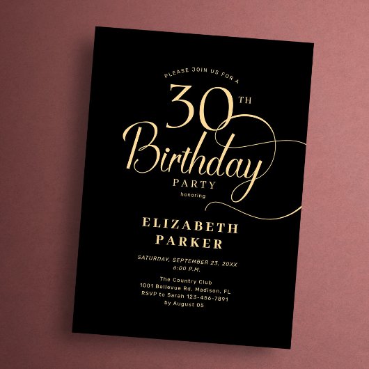 Elegant Simple Black Gold Script 30th Birthday Einladung