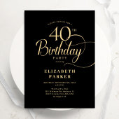 Elegant Simple Black Gold Script 40th Birthday Einladung