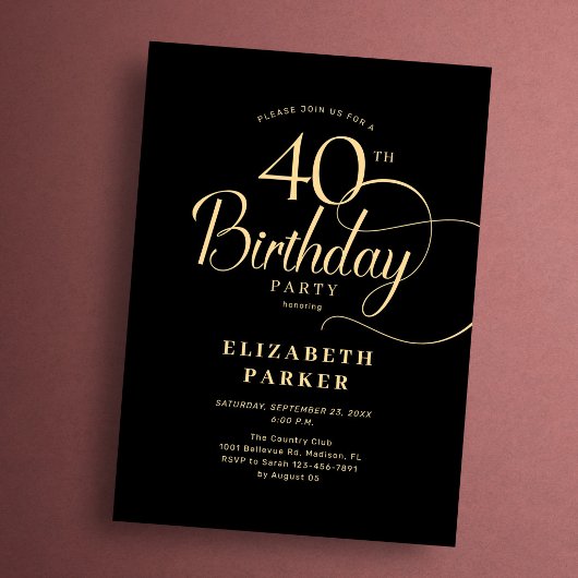 Elegant Simple Black Gold Script 40th Birthday Einladung
