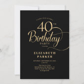 Elegant Simple Black Gold Script 40th Birthday Einladung (Vorderseite)