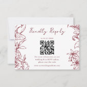 Elegant Simple Burgundy Floral QR Code Wedding RSVP Karte (Vorderseite)