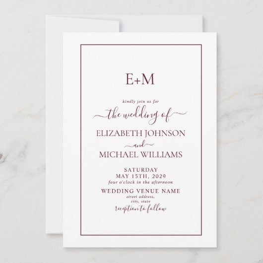 Elegant Simple Burgundy Formal Monogram Wedding Einladung (Vorderseite)