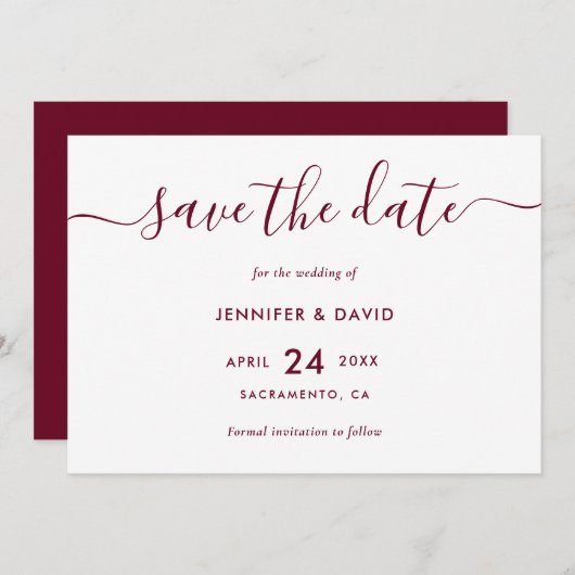 Elegant Simple Burgundy Wedding Save the Date (Vorne/Hinten)