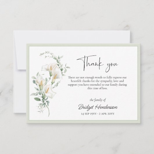 Elegant Simple Calla Lily Eucalyptus Sympathy Dankeskarte (Vorderseite)