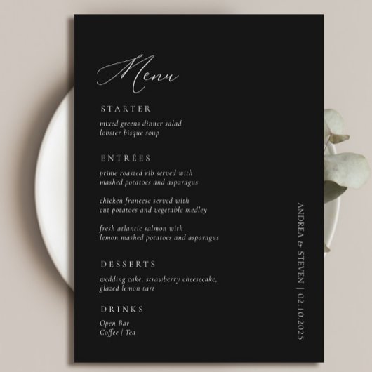 Elegant Simple Calligraphy Black Wedding Menükarte