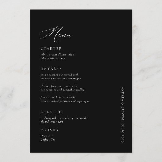 Elegant Simple Calligraphy Black Wedding Menükarte (Vorderseite)