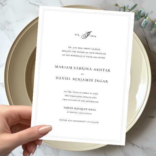 Elegant Simple Calligraphy Monogram White Wedding Einladung