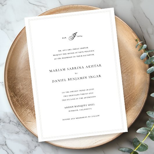 Elegant Simple Calligraphy Monogram White Wedding Einladung