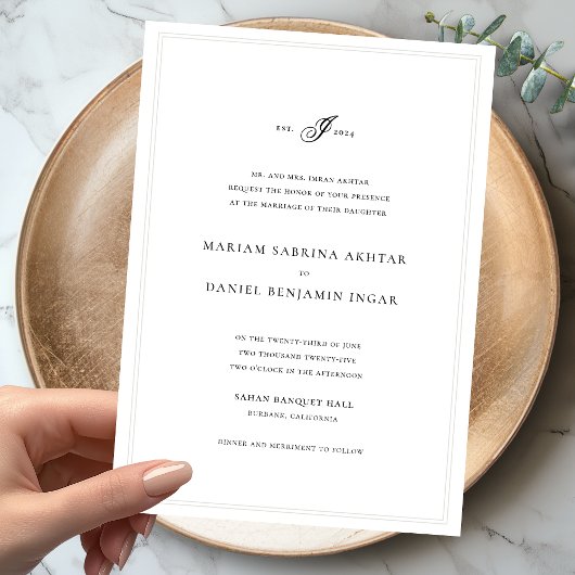 Elegant Simple Calligraphy Monogram White Wedding Einladung