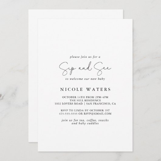 Elegant Simple Calligraphy Sip and See Einladung (Vorne/Hinten)