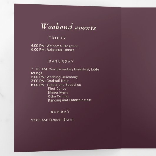 Elegant Simple Cherry Lacquer, Monogram Wedding Dreifach-gefaltete Programmkarte (Innen Erste Seite)