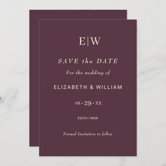 Elegant Simple Cherry Lacquer, Monogram Wedding Save The Date (Vorne/Hinten)