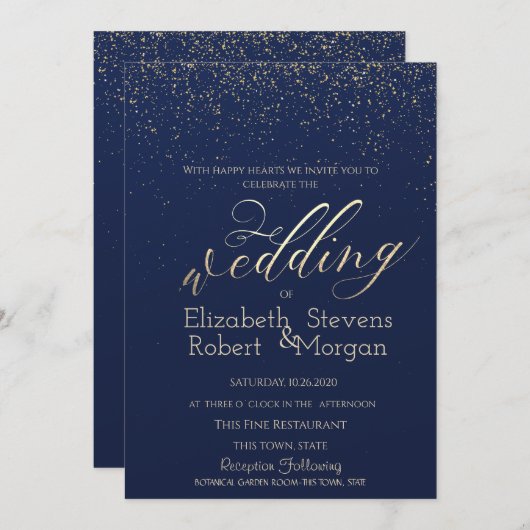 Elegant Simple Confetti Navy Blue Wedding Einladung (Vorne/Hinten)