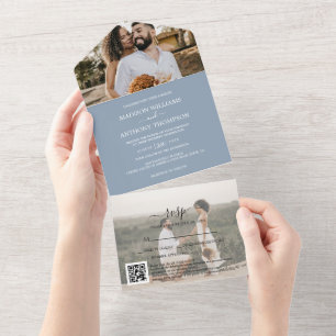 Elegant Simple Dusty Blue 2 Foto Qr Code Wedding All In One Einladung